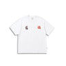 White crewneck T-shirt with left chest rat graphic and orange Chinese character print