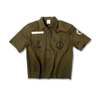 Olive drab utility overshirt with button front, two chest pockets, and graphic patches.
