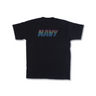 Black T-shirt with multicolor striped 'NAVY' graphic centered on back