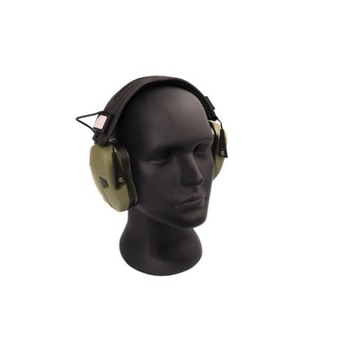 Apollo electronic earmuffs on mannequin, dark earcups with black headband