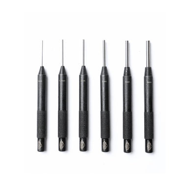 Pin punch set with six metal pin punches and textured black handles