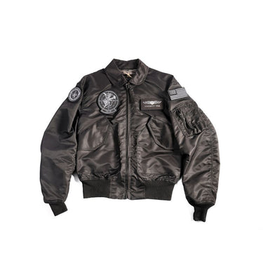 Black bomber-style flight jacket with zip front, ribbed hem, and chest patches