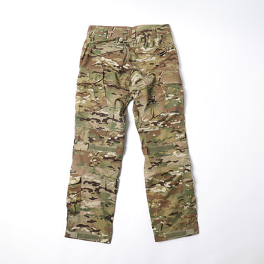 Multicam combat pants with cargo-style side pockets and reinforced leg panels