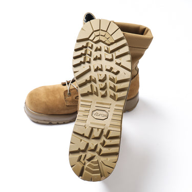 Coyote tan combat boots outsole tread view with rugged lug pattern