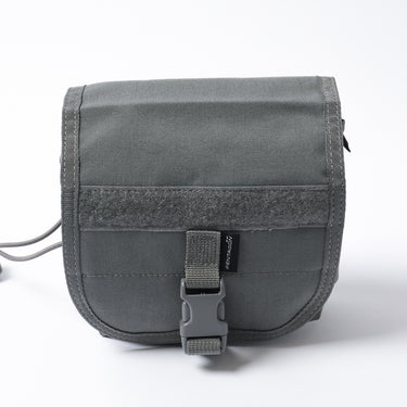 Gray general pouch with front flap, center buckle tab, and shoulder carry strap.
