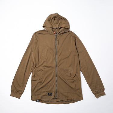 Coyote tan hooded zip-up jacket with front pockets and adjustable cuffs