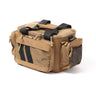 Tan pistol range bag with black straps and multiple zip pockets