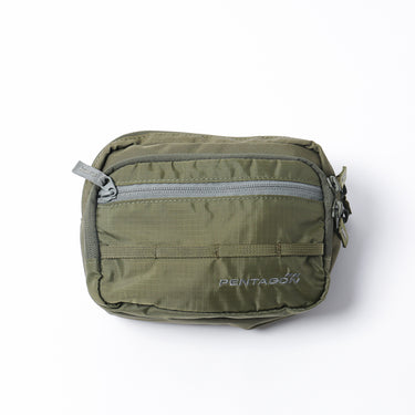 Olive zipper pouch with front pocket, top zip, and side pull tabs