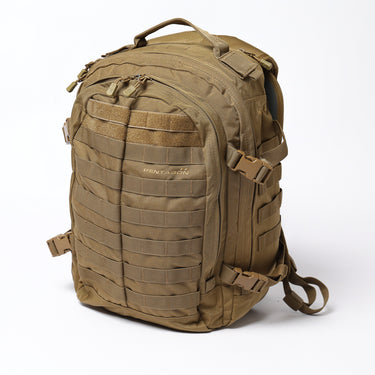 Olive tactical backpack with front MOLLE panels and side carry strap