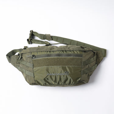 Telamon sling bag, olive green with front zip pocket and adjustable shoulder strap