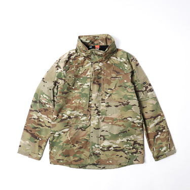Multicam hooded rain jacket with full front zipper and chest button placket