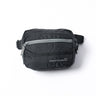 Black zipper pouch with front pocket, top zip, and adjustable belt strap