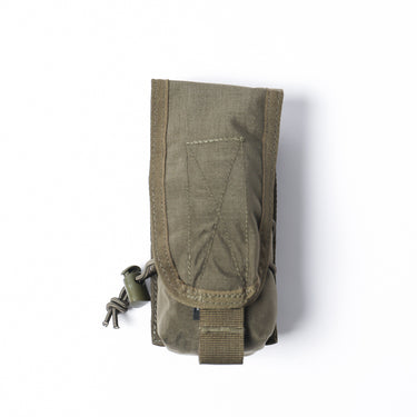 Coyote single MOLLE pouch with front flap and stitched panel, elastic cord loops on side