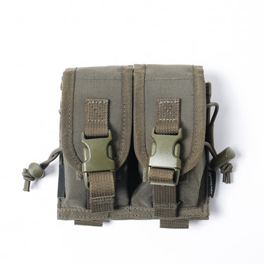 Coyote double MOLLE pouch with two front buckles and webbing straps