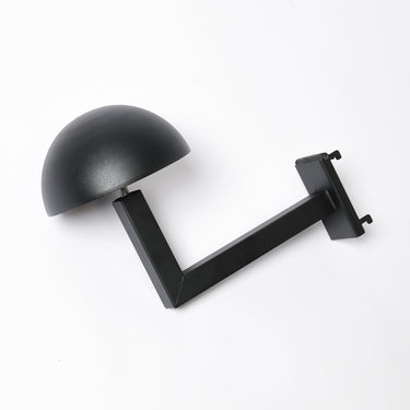 Black helmet rack wall mount with curved arm and mounting bracket