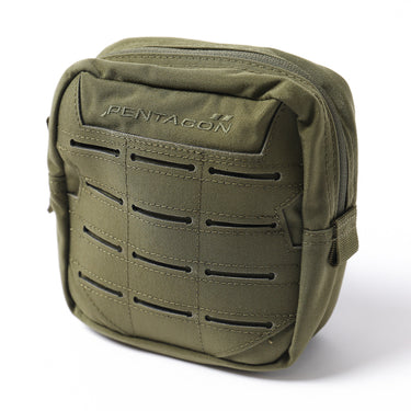 Olive utility pouch with front slotted webbing panel and top carry handle