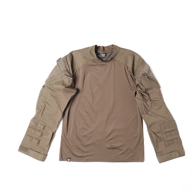 Coyote combat shirt with stand collar and long sleeves, side sleeve pockets and panels
