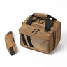 Mini pistol range bag, tan/brown with black striped panel and top carry handle