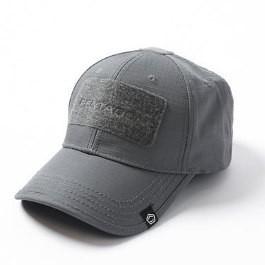 Grey tactical ripstop cap with front hook-and-loop patch and curved brim
