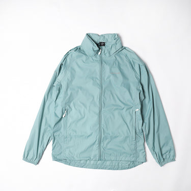 Packable rain jacket in mint blue, full-zip front with hood and side pockets.