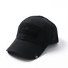 Black tactical ripstop cap with front hook-and-loop patch and curved brim