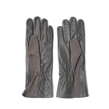 Grey leather long cuff pilot duty gloves, padded palm panel and stitched fingers