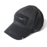 Black mesh baseball cap with front logo patch and short curved brim