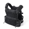 Black plate carrier vest with textured front panel and adjustable shoulder straps.
