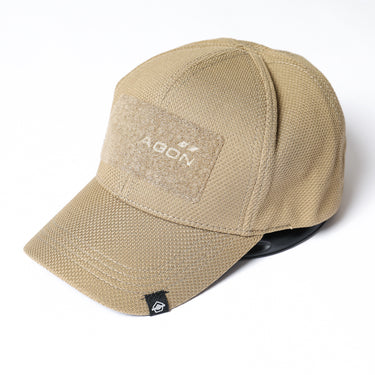 Tan mesh baseball cap with front logo patch and short curved brim