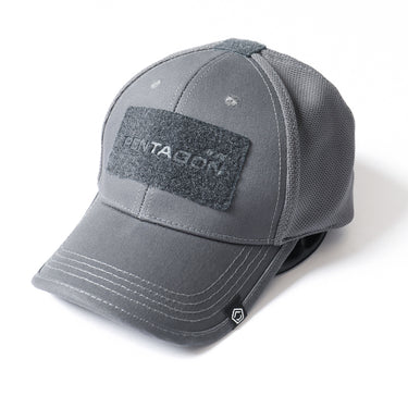 Gray BB cap with dark front patch and curved brim