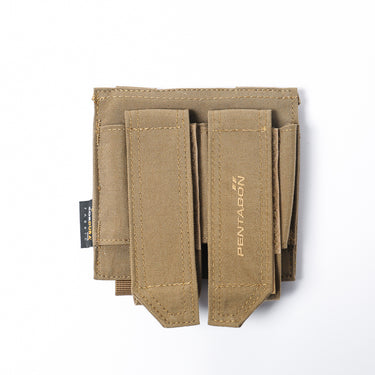 Coyote tan double MOLLE multi pouch with three front panels and vertical webbing straps