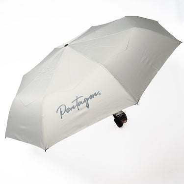 Noah umbrella, light gray canopy with Pentagon logo, side view and handle
