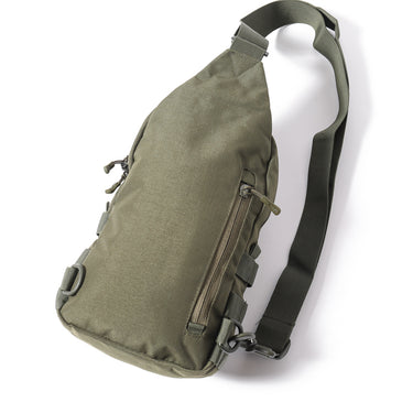 Olive drab crossbody sling bag with adjustable shoulder strap and front zipper