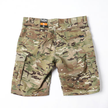 Camouflage tactical shorts with belt loops, front fly, and cargo pockets
