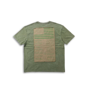 Washed olive green T-shirt with large rectangular flag-style graphic on the back