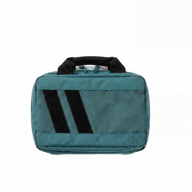 Teal double pistol case with top handle and two-striped front panel