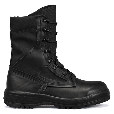 Black hot-weather steel-toe boot showing lace-up eyelets and stitched side panels