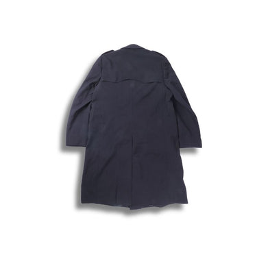 Dark navy long wool coat, back view with vented hem and relaxed shoulders.