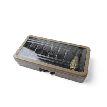 Grenade-style tool kit case, transparent lid showing bits and grenade-shaped tool