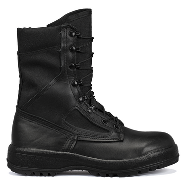 Black side-profile combat boot with lace-up closure and textured upper panels