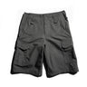 Dark gray cargo shorts with belt loops, button front, and side flap pockets.