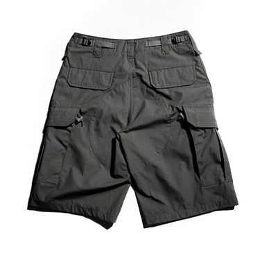 Black cargo shorts with belt loops, button front, and large flap cargo pockets.