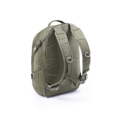 Olive nylon backpack, side view with adjustable shoulder straps and webbing