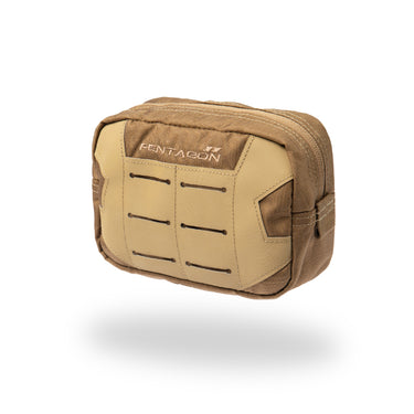 Tan utility pouch with Pentagon logo, front stitched slots and top zipper