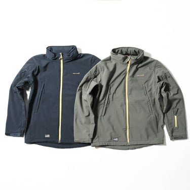 Two escape jackets: navy blue and gray-green, zip-front with stand collars