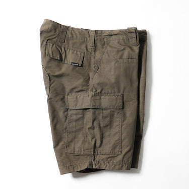 Ranger green BDU cargo shorts with rear flap pocket, belt loops, button fly.