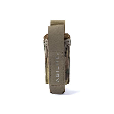 Tan single pistol magazine pouch with top strap and vertical side webbing