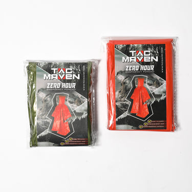 Emergency poncho package, olive green poncho with hood and silver reflective lining