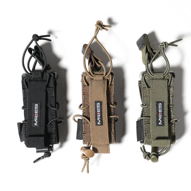 Set of three single pistol magazine pouches in black, tan, and olive with MOLLE loops