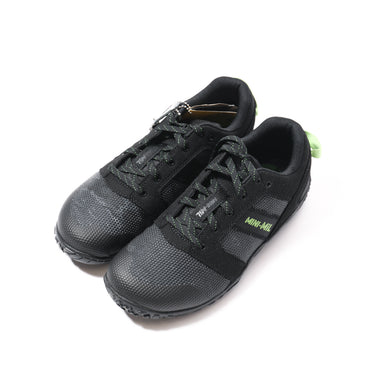 Black barefoot activity shoes with lace-up design and green accents